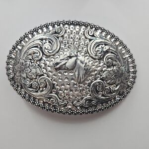 Nocona Silver Belt Buckle with Horse Design